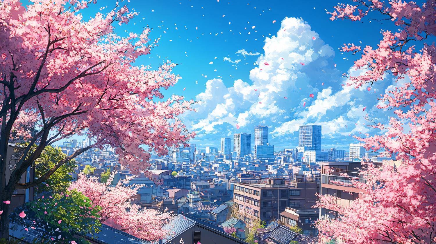 Paisagem japonesa com cerejeiras, ilustração do curso
